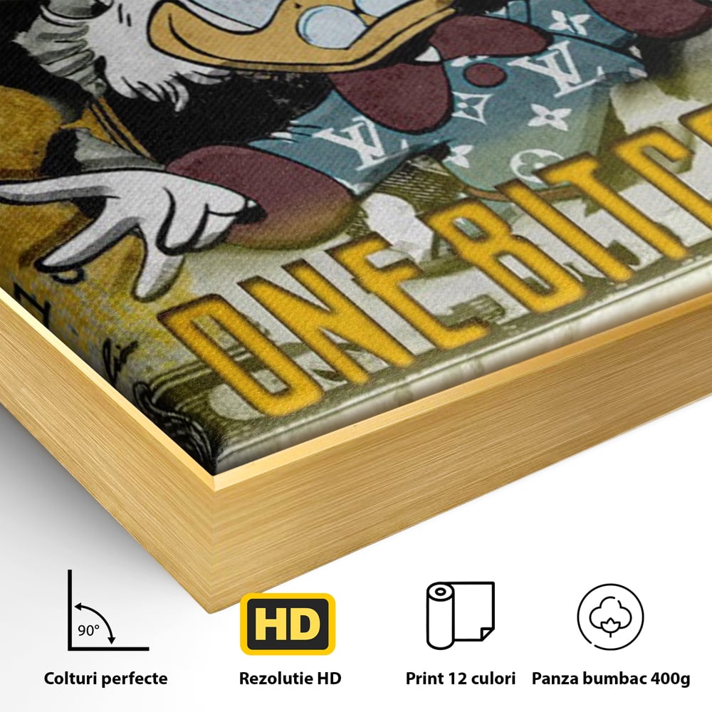Detaliu al suprafetei: tablou canvas cu donald duck si bitcoin, in rama de aluminiu auriu